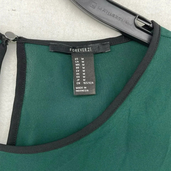 Forever 21 Tops Womens M Emerald Green Round Neck Keyhole Black Trim Long Sleeve - Picture 6 of 11